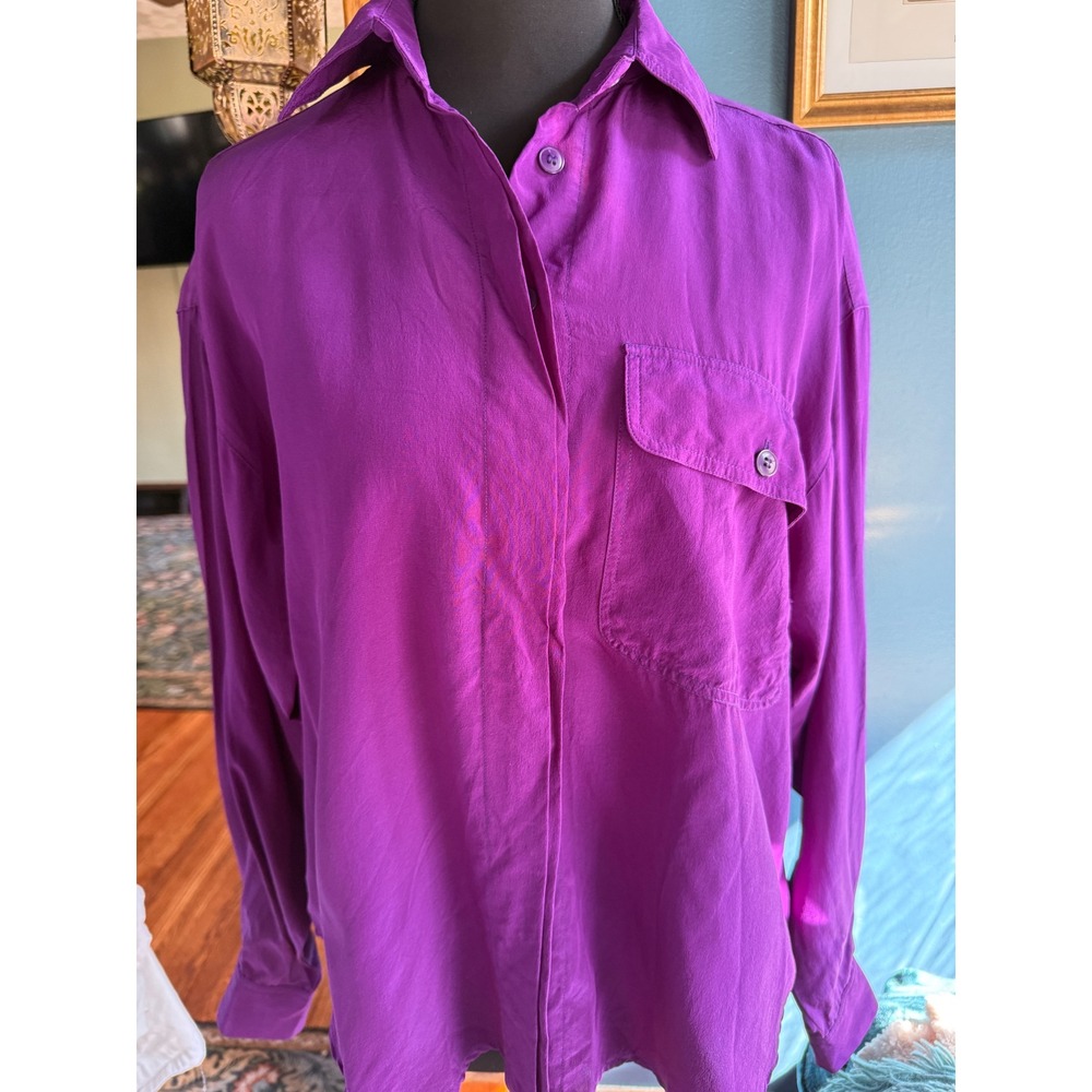 90s Anne Klein II Vintage Purple 100% Silk Button Down Blouse Long Sleeve Small